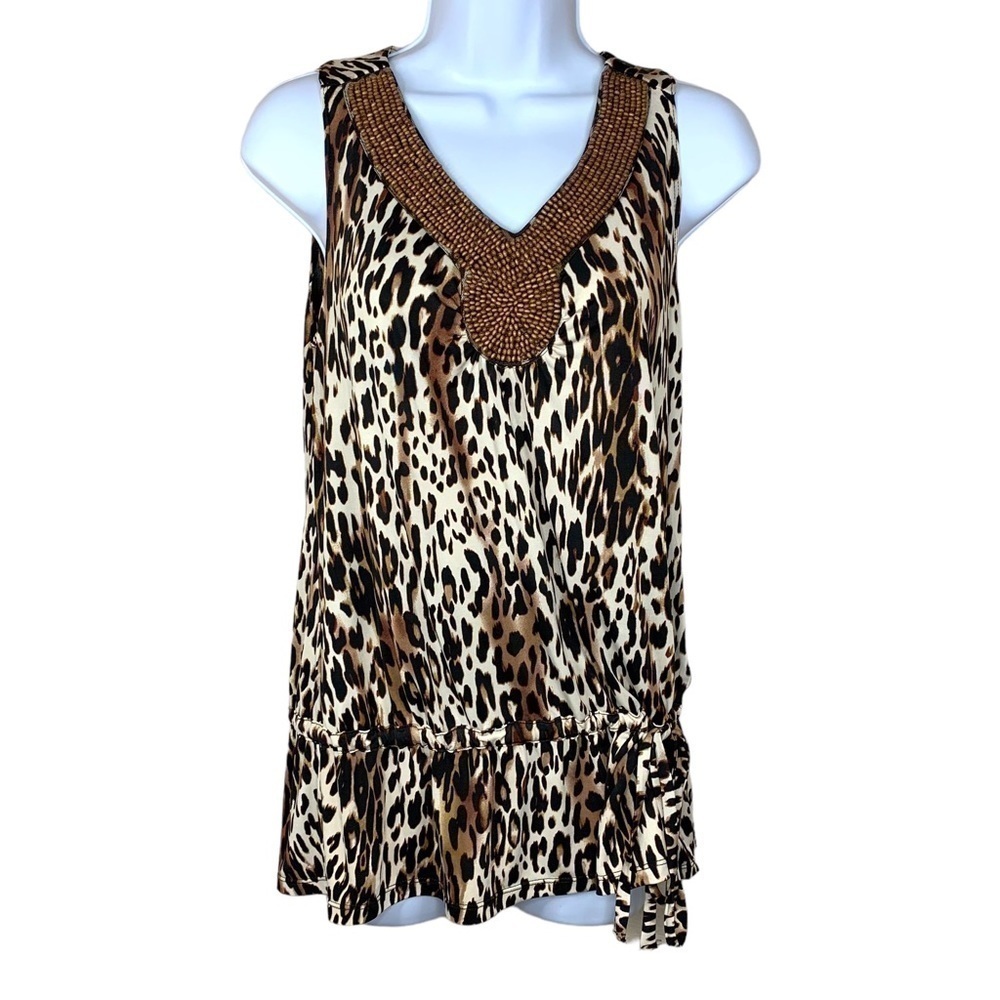 Sioni Animal Print Beaded V Neck Stretch Sleeveless Small NWT NeW Leopard Print
